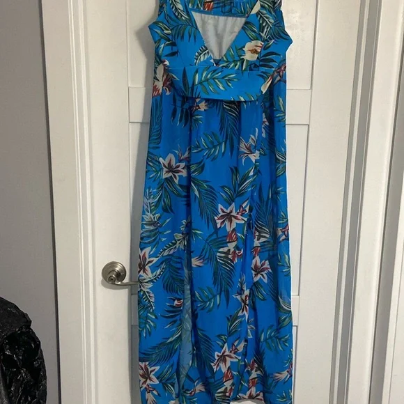 2Pcs Summer Beachwear Blue Set Crop Top + Leaf Floral Print Maxi Split Skirt LG - Picture 4 of 6